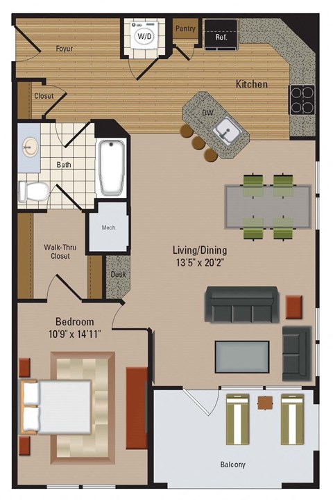 Floor plan for 1 bed, 1 bath, 860 sqft