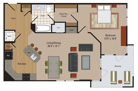 Floor plan for 1 bed, 1 bath, 902 sqft