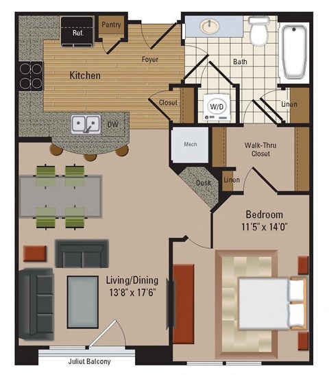 Floor plan for 1 bed, 1 bath, 696 sqft