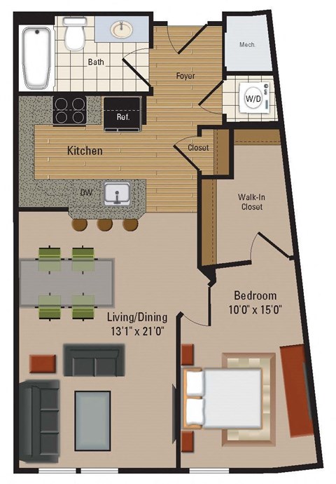 Floor plan for 1 bed, 1 bath, 704 sqft