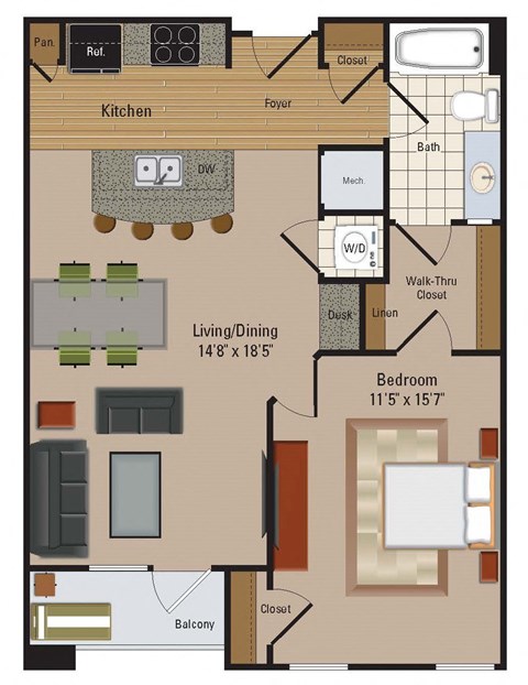 Floor plan for 1 bed, 1 bath, 736 sqft