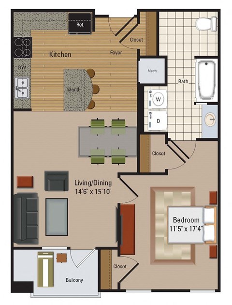 Floor plan for 1 bed, 1 bath, 737 sqft