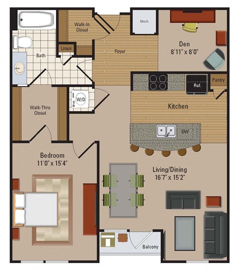 Floor plan for 1 bed, 1 bath, 890 sqft