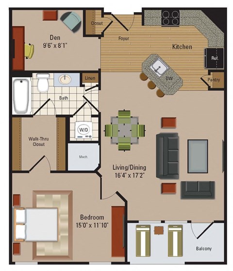 Floor plan for 1 bed, 1 bath, 895 sqft