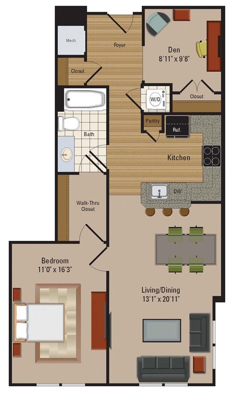 Floor plan for 1 bed, 1 bath, 931 sqft