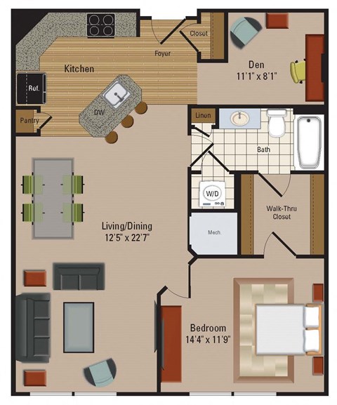 Floor plan for 1 bed, 1 bath, 932 sqft