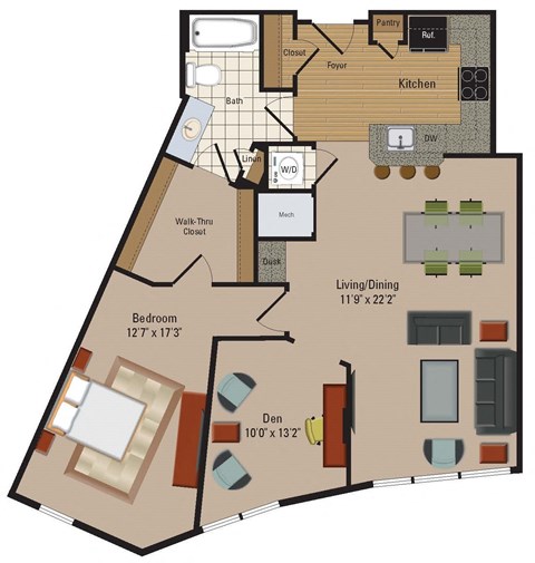 Floor plan for 1 bed, 1 bath, 1002 sqft