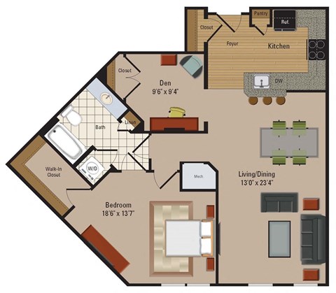 Floor plan for 1 bed, 1 bath, 1002 sqft