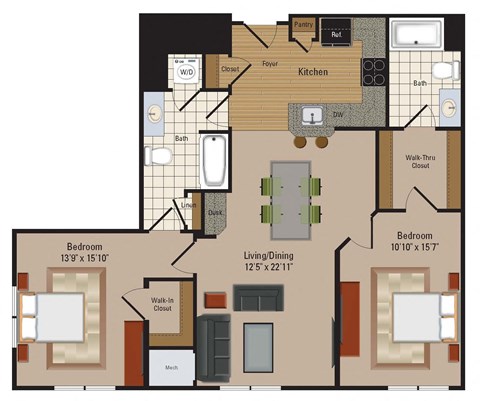 Floor plan for 2 beds, 2 baths, 1093 sqft
