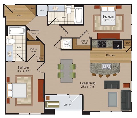 Floor plan for 2 beds, 2 baths, 1099 sqft
