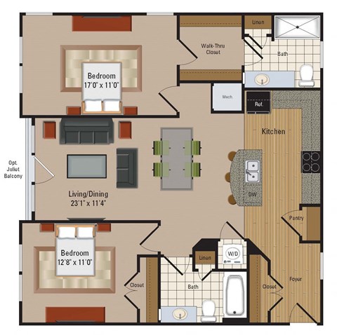 Floor plan for 2 beds, 2 baths, 1111 sqft