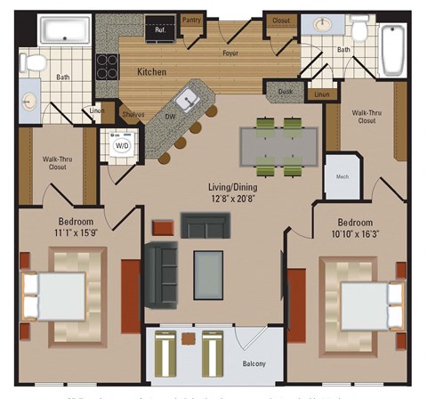 Floor plan for 2 beds, 2 baths, 1134 sqft