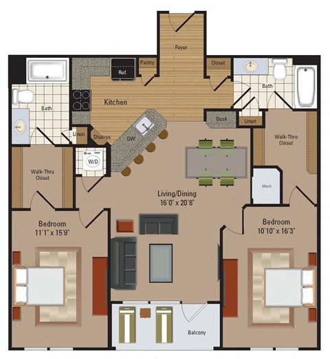 Floor plan for 2 beds, 2 baths, 1165 sqft
