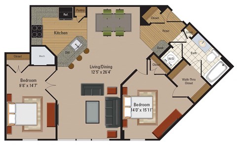 Floor plan for 2 beds, 1 bath, 975 sqft