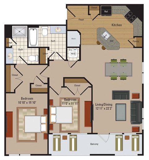Floor plan for 2 beds, 2 baths, 1169 sqft