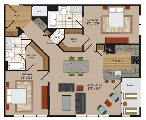 Floor plan for 2 beds, 2 baths, 1175 sqft