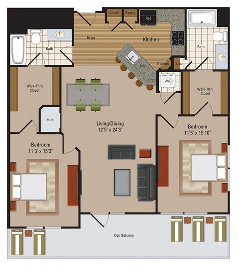 Floor plan for 2 beds, 2 baths, 1202 sqft