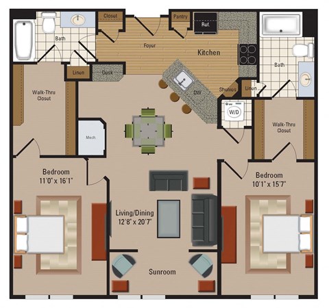 Floor plan for 2 beds, 2 baths, 1203 sqft