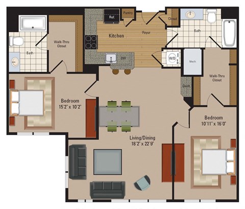 Floor plan for 2 beds, 2 baths, 1206 sqft