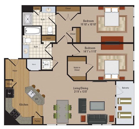 Floor plan for 2 beds, 2 baths, 1239 sqft