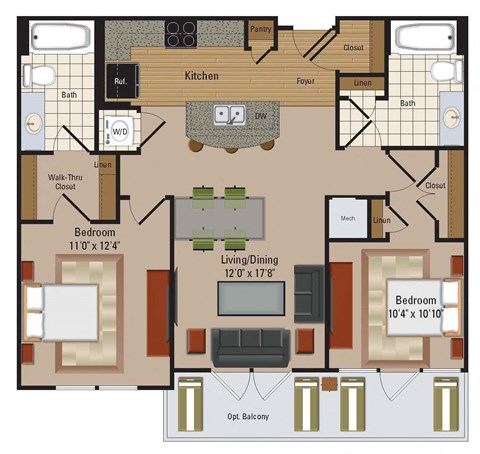 Floor plan for 2 beds, 2 baths, 932 sqft