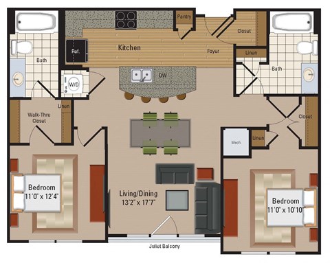 Floor plan for 2 beds, 2 baths, 985 sqft