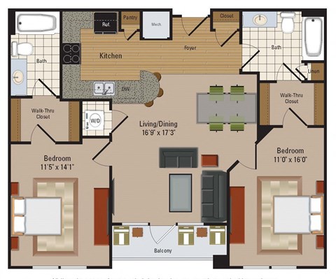 Floor plan for 2 beds, 2 baths, 1014 sqft