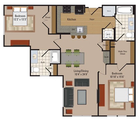 Floor plan for 2 beds, 2 baths, 1053 sqft