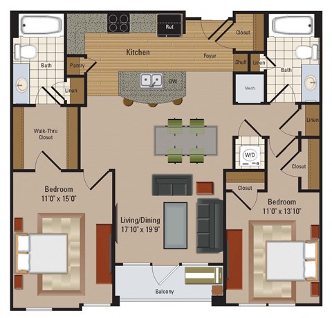 Floor plan for 2 beds, 2 baths, 1055 sqft