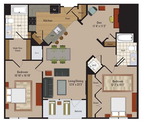 Floor plan for 2 beds, 2 baths, 1205 sqft