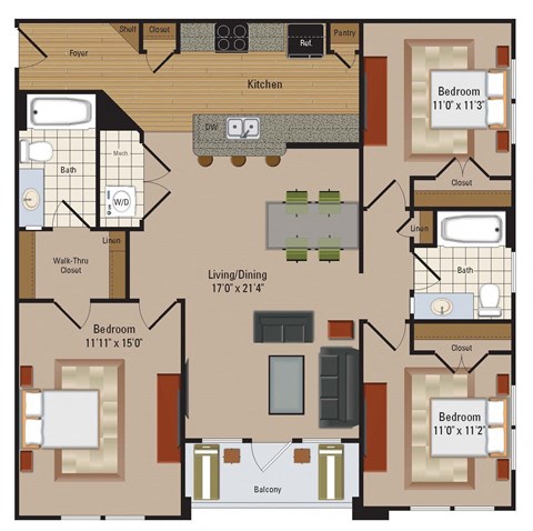Floor plan for 3 beds, 2 baths, 1262 sqft