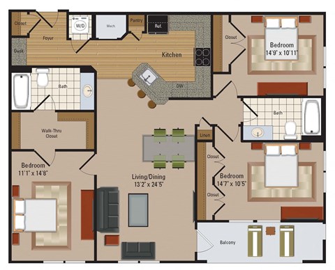 Floor plan for 3 beds, 2 baths, 1305 sqft