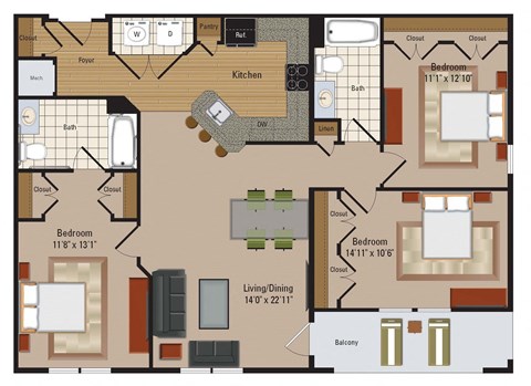 Floor plan for 3 beds, 2 baths, 1305 sqft