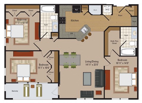 Floor plan for 3 beds, 2 baths, 1322 sqft