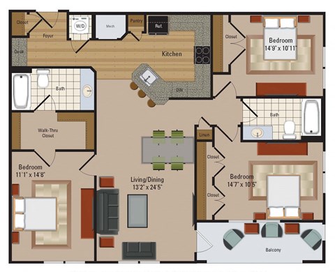 Floor plan for 3 beds, 2 baths, 1331 sqft