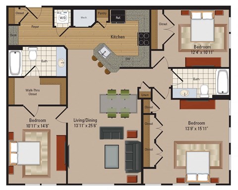 Floor plan for 3 beds, 2 baths, 1431 sqft