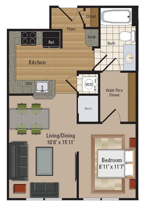 Floor plan for studio, 1 bath, 589 sqft