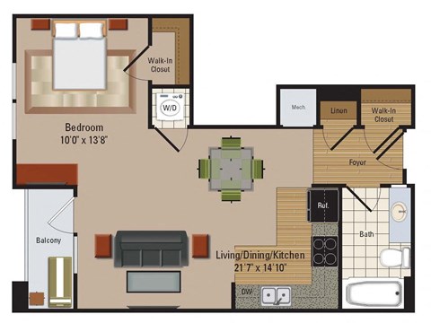 Floor plan for studio, 1 bath, 628 sqft