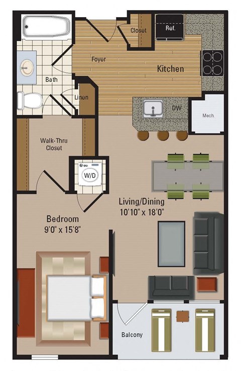 Floor plan for studio, 1 bath, 639 sqft