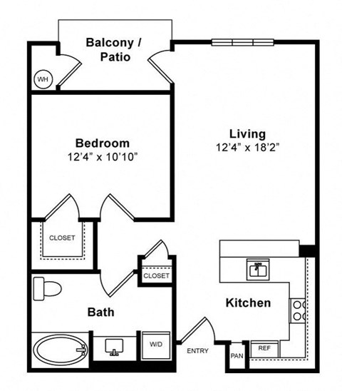Floor plan for 1 bed, 1 bath, 725 sqft