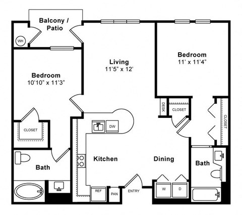 Floor plan for 2 beds, 2 baths, 1040 sqft