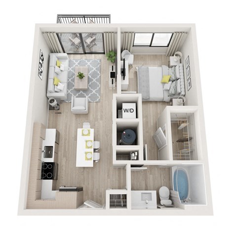 Floor plan for 1 bed, 1 bath, 613 sqft