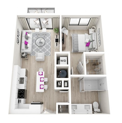 Floor plan for 1 bed, 1 bath, 670 sqft