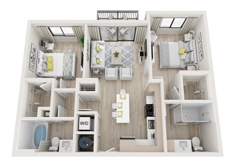 Floor plan for 2 beds, 2 baths, 890 sqft
