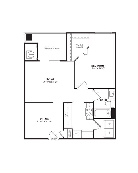 Floor plan for 1 bed, 1 bath, 756 sqft