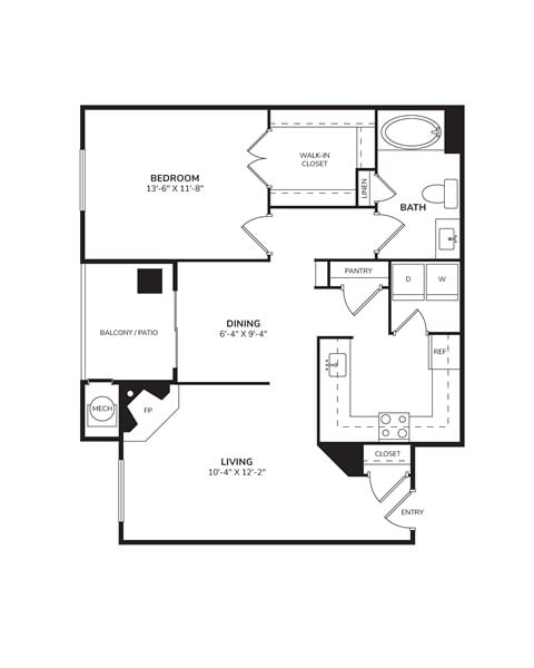 Floor plan for 1 bed, 1 bath, 849 sqft