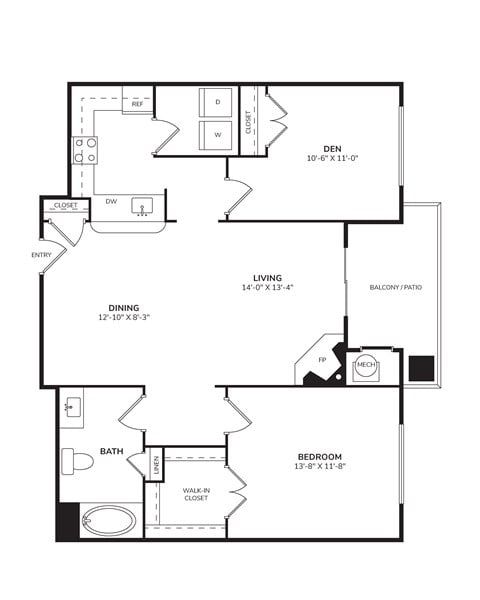Floor plan for 2 beds, 1 bath, 931 sqft