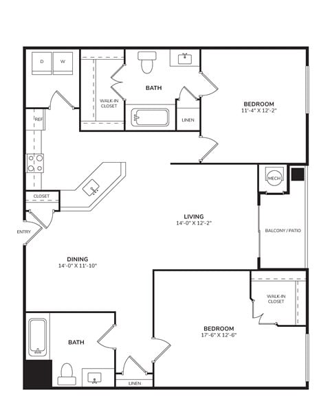 Floor plan for 2 beds, 2 baths, 1089 sqft