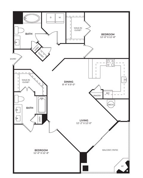 Floor plan for 2 beds, 2 baths, 1170 sqft