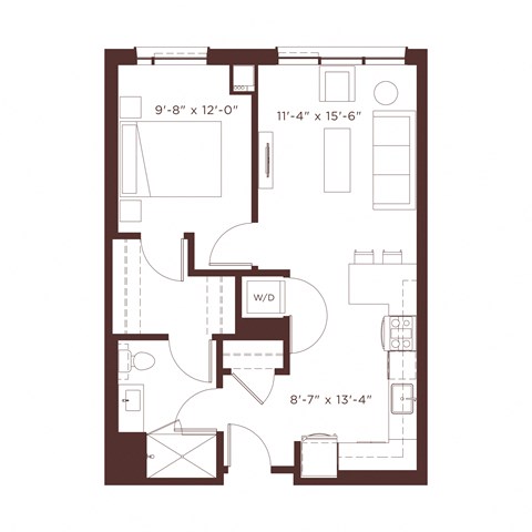 Floor plan for 1 bed, 1 bath, 690 sqft